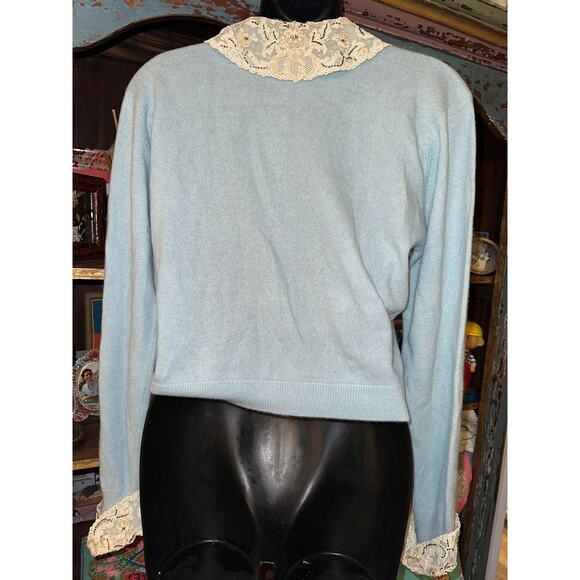 VINTAGE LACE PEARL BEADED COLLAR RHINESTONE BUTTON CASHMERE CARDIGAN SWEATER - Picture 3 of 10